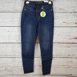 🔴 Justice Elastic Waist Lace Up Denim Jeggings Girl 14 Slim Blue Raw Hem NWT